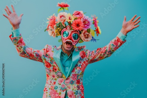 Freak in flower mask dancing, masquerade, absurd carnival, having fun in costume party, weird mask head