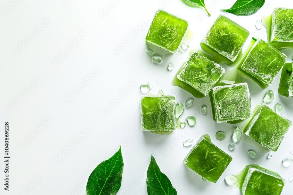 Obraz premium Frozen green puree cubes, green vegetables, broccoli freeze, mashed iced greens, blended frozen mint