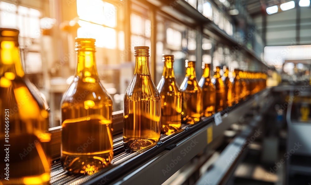 Glass bottles moving along conveyor belt in factory Glass bottles moving along conveyor belt in factory