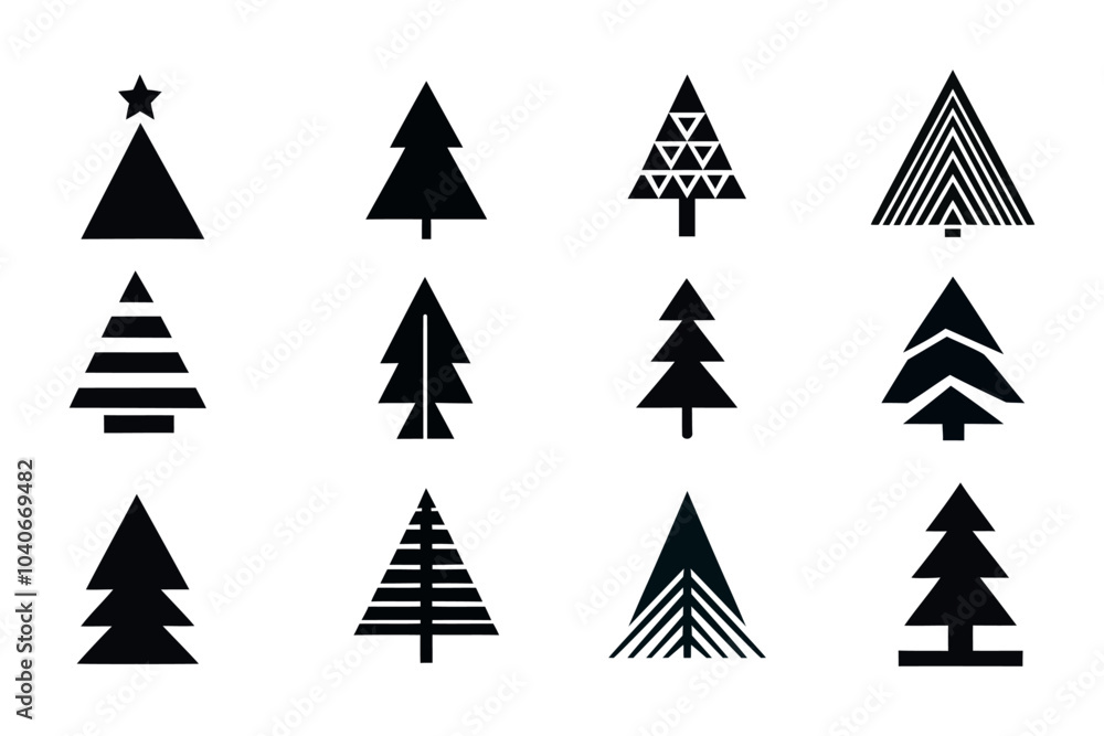 Obraz premium Christmas tree black icons set. Holiday design elements set. Happy New Year vector illustration.