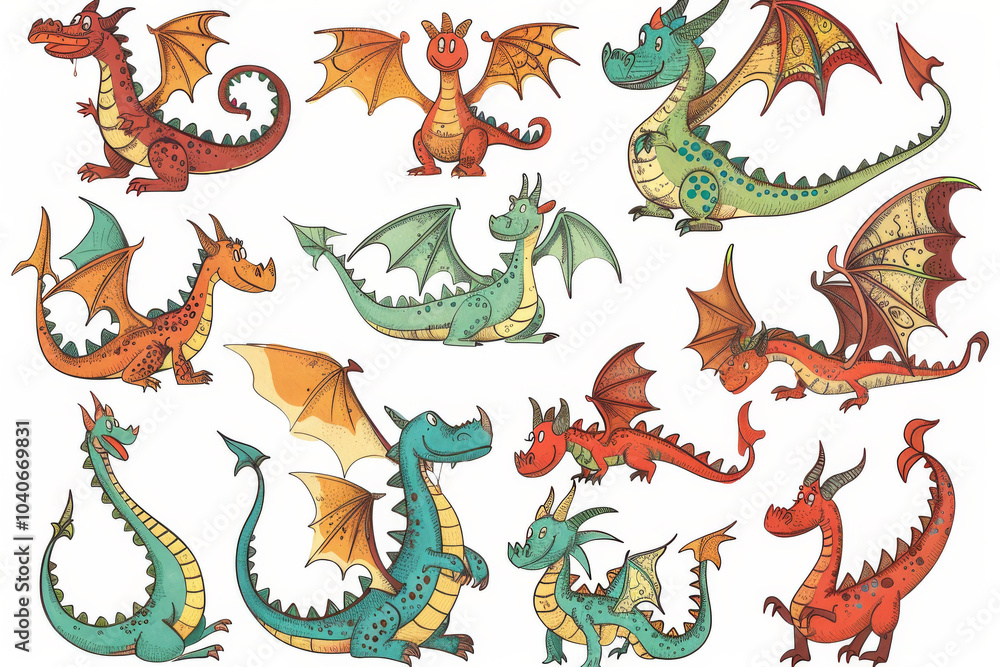 Obraz premium Funny dragons doodle set, cartoon dino, graphic dinosaurs isolated, monster animals