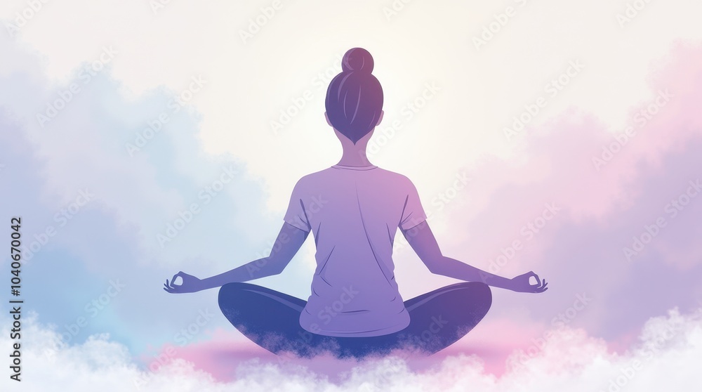 An illustration of a person sitting peacefully in a meditative pose, surrounded by swirling pastel colors. An illustration of a person sitting peacefully in a meditative pose, surrounded by swirling pastel colors.