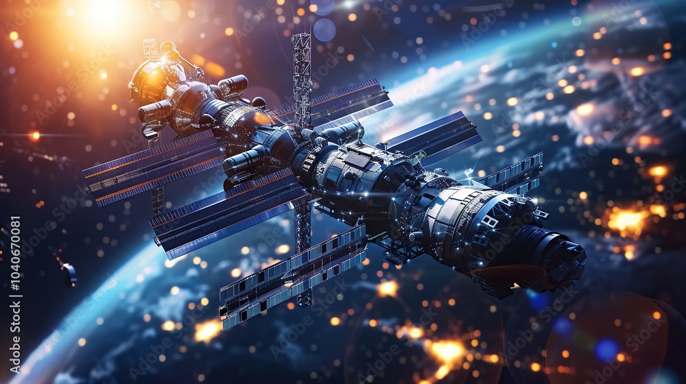 Fototapeta premium A high-resolution image of a futuristic space station orbiting Earth, with solar panels and docking modules illuminated by the sunlight