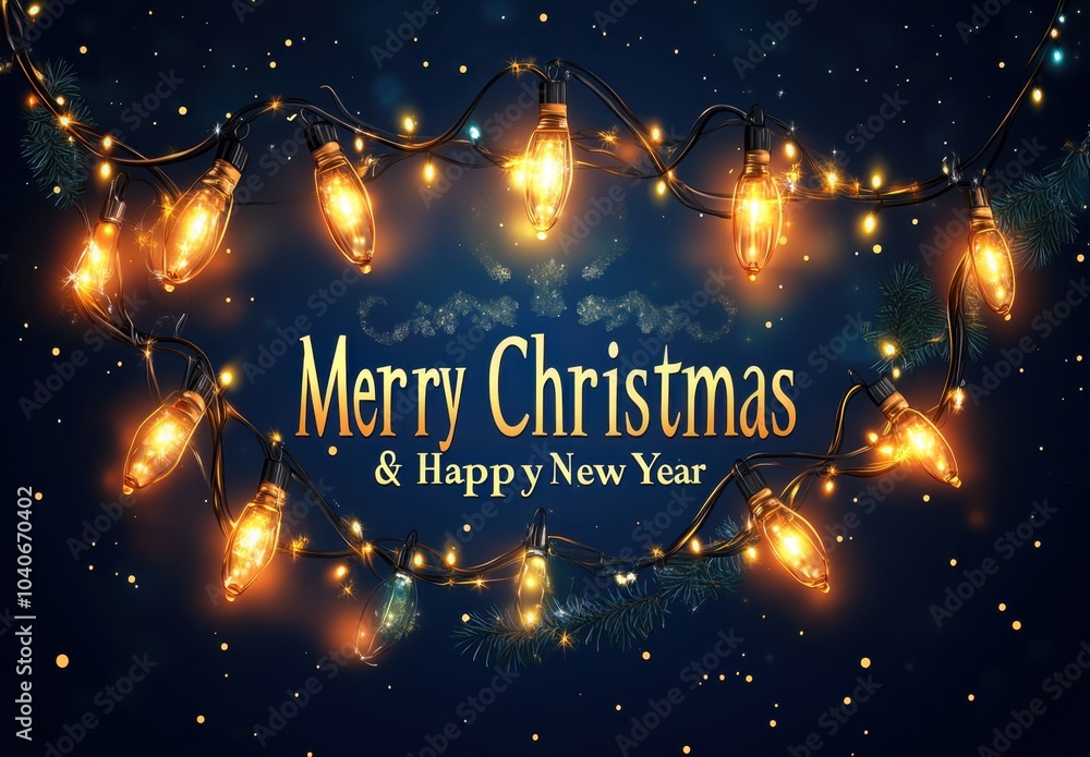 Fototapeta premium Christmas lights garland on a dark blue background with the text