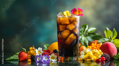 Artistic Depiction of Mazagran Coffee Surrounded by Vibrant Summer Fruits and Flowers Celebrating Refreshment and Indulgence photo