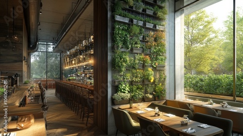 Cozy Restaurant with Green Wall and Bright Natural Light for a Relaxing Dining Experience