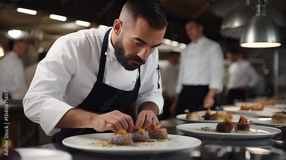 Chef meticulously plating gourmet dishes in a busy restaurant kitchen during dinner service Chef meticulously plating gourmet dishes in a busy restaurant kitchen during dinner service