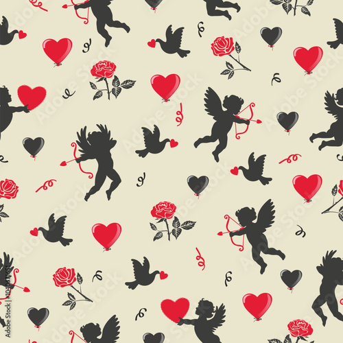 Valentines day seamless pattern with cupids and hearts. Love vector illustration