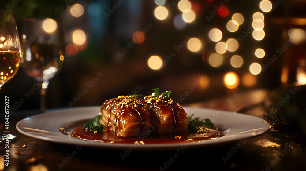 Luxurious Baklava Dessert Displayed on Fine China with Edible Gold Flakes in an Elegant Dining Room Luxurious Baklava Dessert Displayed on Fine China with Edible Gold Flakes in an Elegant Dining Room