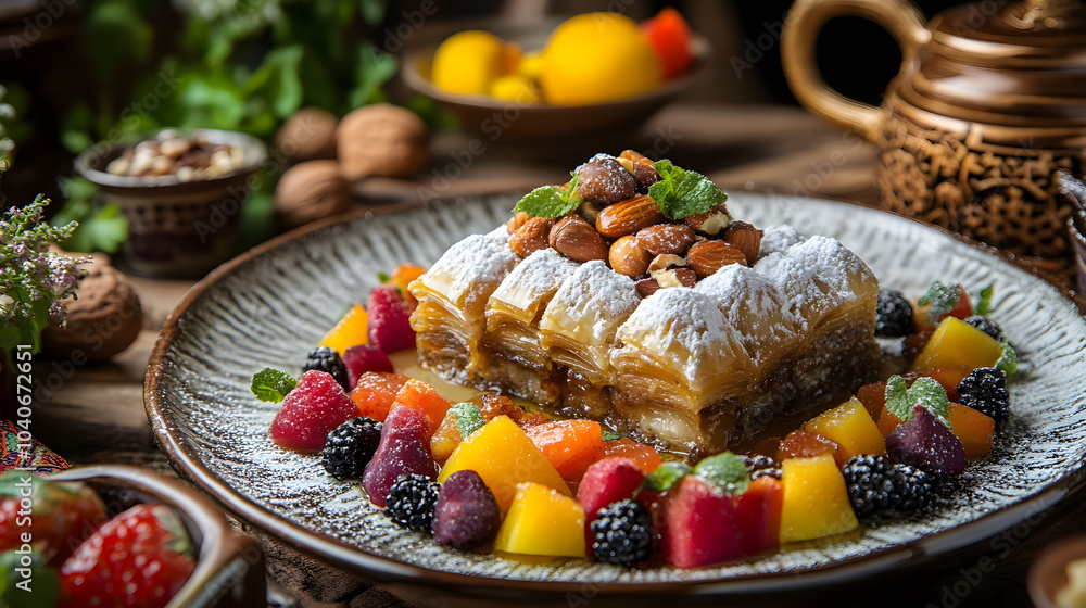 Exquisite Baklava Presentation with Fresh Fruits and Traditional Middle Eastern Decor Exquisite Baklava Presentation with Fresh Fruits and Traditional Middle Eastern Decor