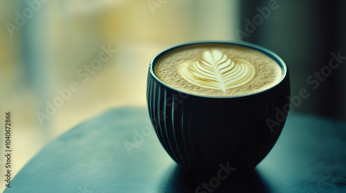 Artistry in a Cup: Exploring the Elegance of Black Coffee with Immaculate Latte Art and Soft Background