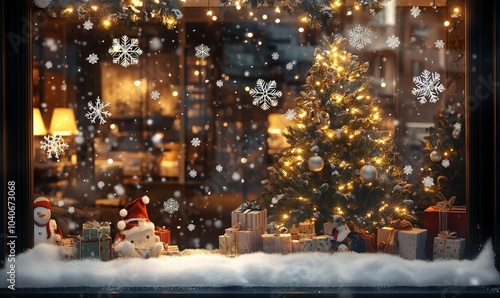 Christmas window display with twinkling lights, snowflakes, a decorated tree, and cozy indoor scenes visible through the glass