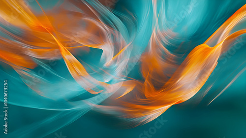 A harmonious blend of teal tones and bold orange forms creating an abstract composition full of movement and vibrancy