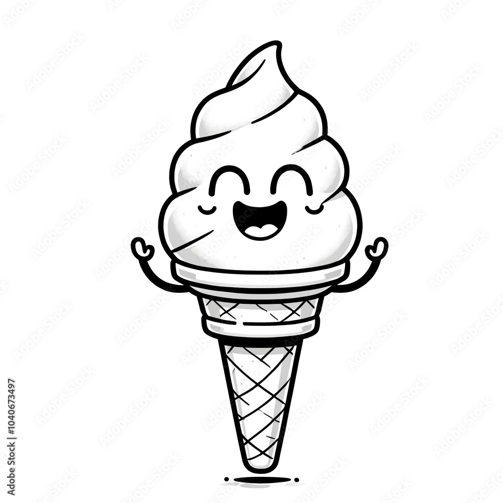 A cartoon illustration of a happy ice cream cone with a big smile and arms outstretched. The ice cream is soft serve and the cone is waffle-style. A Page from the coloring book.
A cartoon illustration of a happy ice cream cone with a big smile and arms outstretched. The ice cream is soft serve and the cone is waffle-style. A Page from the coloring book.