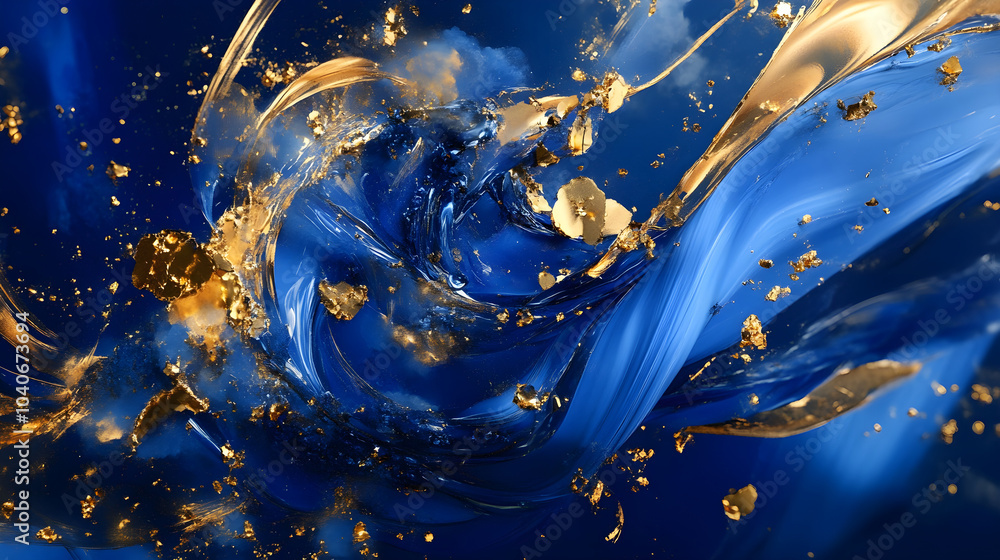 A lavish display of sapphire blues with radiant gold splashes forming a striking and elegant abstract design A lavish display of sapphire blues with radiant gold splashes forming a striking and elegant abstract design