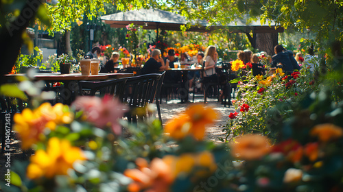 Lively Outdoor CafÚ Scene with Happy Patrons Enjoying Refreshing Mazagran Coffee in a Green and Vibrantly Flowered Environment photo