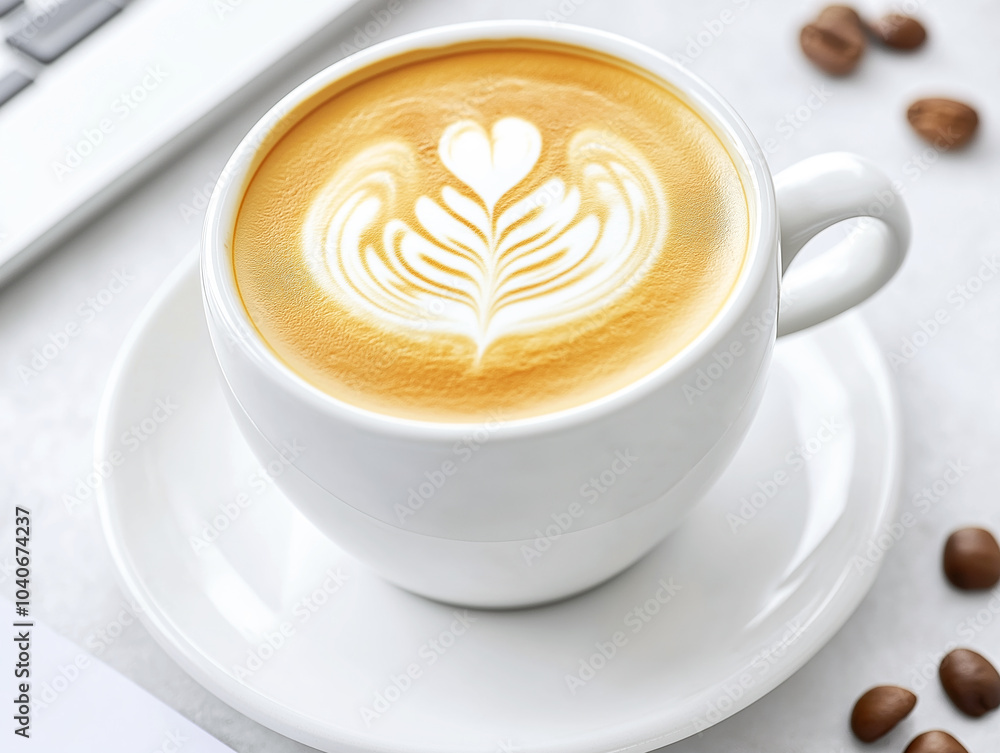 A white cup of coffee with beautiful latte art on a white saucer, placed next to a laptop and scattered coffee beans A white cup of coffee with beautiful latte art on a white saucer, placed next to a laptop and scattered coffee beans