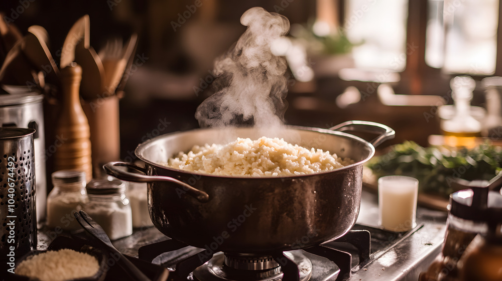 A Heartwarming Scene of Traditional Rice Pudding Being Cooked in a Cozy Kitchen A Heartwarming Scene of Traditional Rice Pudding Being Cooked in a Cozy Kitchen