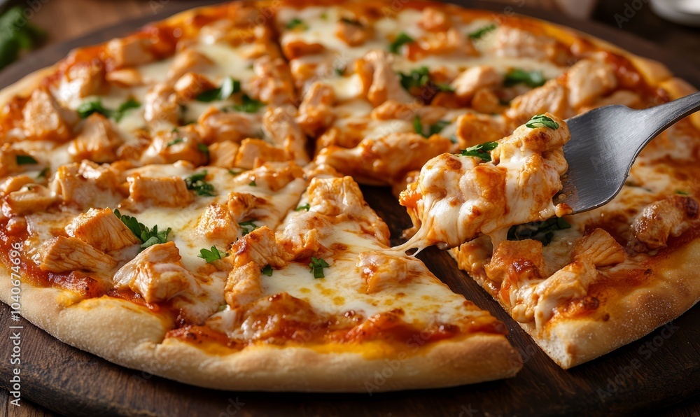 Boneless buffalo chicken pizza with cheese on a base served with a spatula held slice Boneless buffalo chicken pizza with cheese on a base served with a spatula held slice