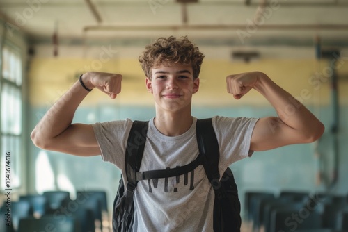 Confident student flexing muscles in classroom at school photo