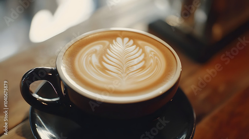 Artistry in a Cup: Exploring the Elegance of Black Coffee with Immaculate Latte Art and Soft Background