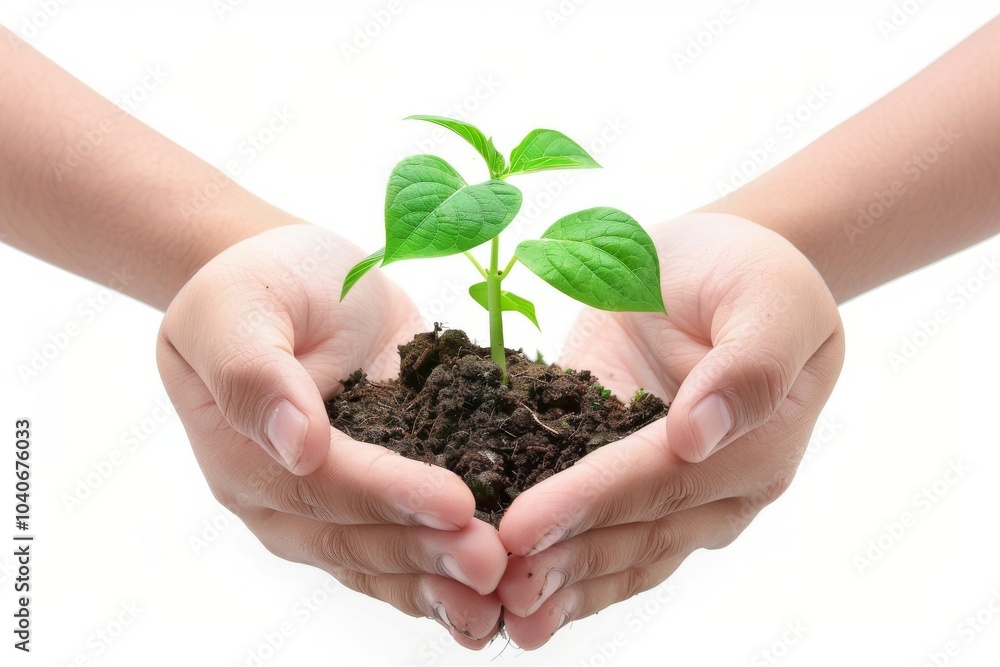 Hands holding young green plant isolated, young sprout in earth pile closeup, ecology, environmental protection Hands holding young green plant isolated, young sprout in earth pile closeup, ecology, environmental protection