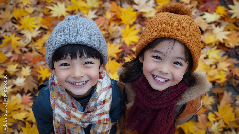 紅葉の絨毯で笑顔の子供たち 紅葉の絨毯で笑顔の子供たち