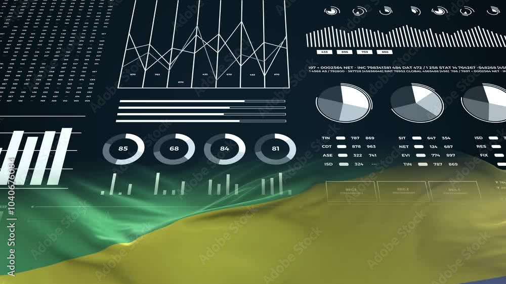 Gabon flag - Waving flag on report analytics data statement Gabon flag - Waving flag on report analytics data statement