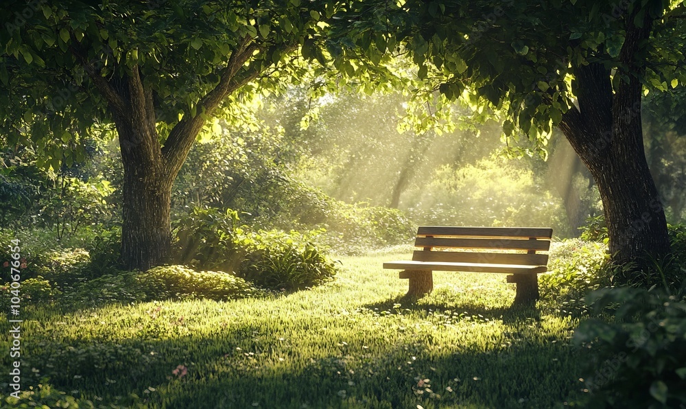A tranquil park features a soothing wooden bench surrounded by lush trees under the soft sunlight of a peaceful afternoon A tranquil park features a soothing wooden bench surrounded by lush trees under the soft sunlight of a peaceful afternoon