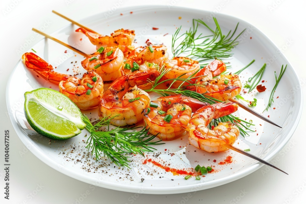 Skewered Tiger Prawns, Grilled King Shrimps, Prawns Fried with Garlic, Herbs, Spices, Lime and Greens Skewered Tiger Prawns, Grilled King Shrimps, Prawns Fried with Garlic, Herbs, Spices, Lime and Greens