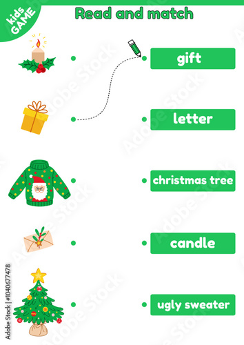 Educational kids game learning english. Read, match Xmas objects and words. Cartoon christmas tree, holiday ugly sweater and others. Worksheet for practice reading. Task for education children. Vector