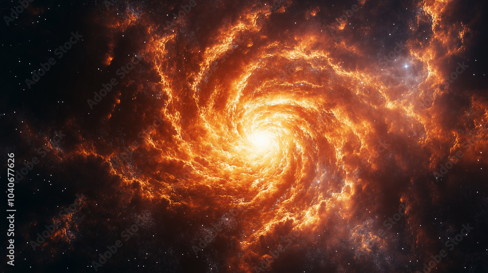 A bright orange spiral galaxy with a bright yellow star in the center A bright orange spiral galaxy with a bright yellow star in the center