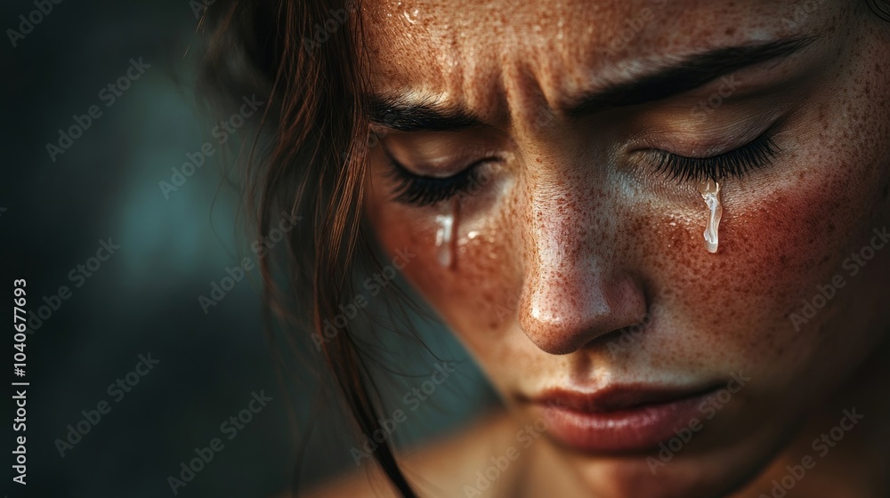 A close-up of a young woman with tears on her cheeks, depicting deep emotions and vulnerability in a striking portrait. A close-up of a young woman with tears on her cheeks, depicting deep emotions and vulnerability in a striking portrait.