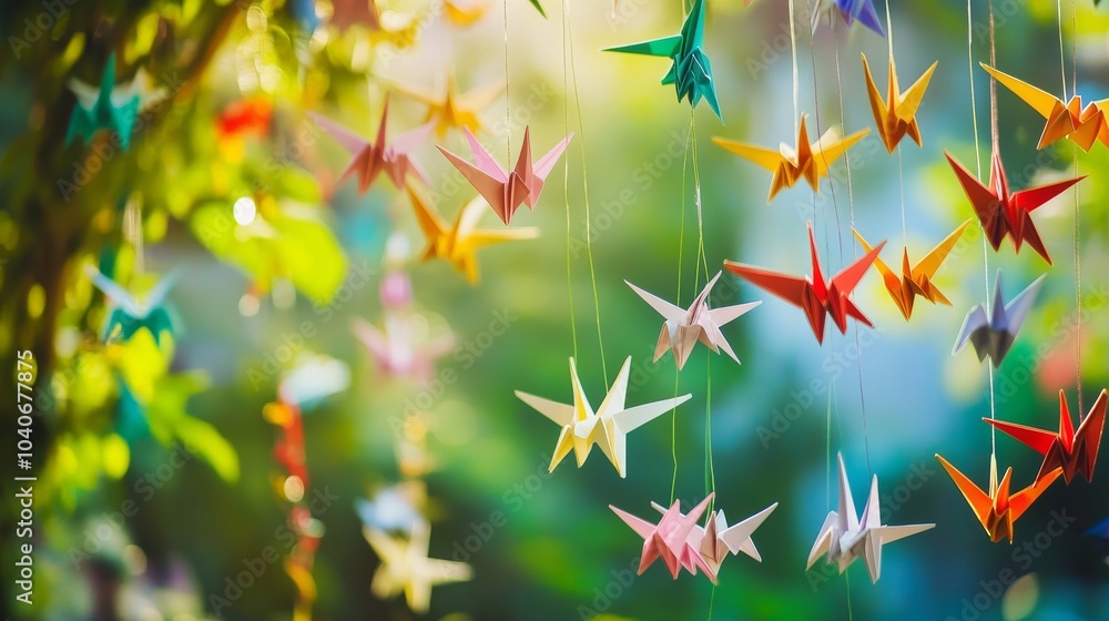 A diverse array of colorful paper cranes hanging together in a serene garden, symbolizing hope and unity, minimalist composition A diverse array of colorful paper cranes hanging together in a serene garden, symbolizing hope and unity, minimalist composition