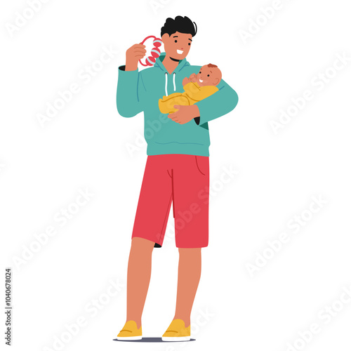 Joyful Cartoon Father Character Tenderly Holds His Newborn While Engaging With A Colorful Rattle