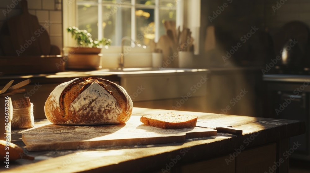 Freshly Baked Bread on a Rustic Kitchen Table with Soft Light Streaming In Freshly Baked Bread on a Rustic Kitchen Table with Soft Light Streaming In