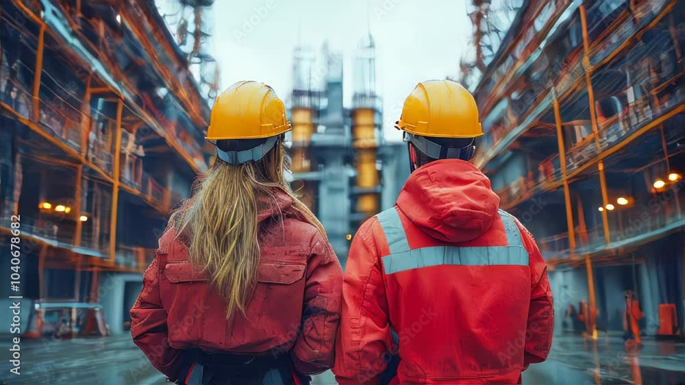 A group of workers in yellow helmets and jackets walking toward an industrial plant on a cloudy day A group of workers in yellow helmets and jackets walking toward an industrial plant on a cloudy day