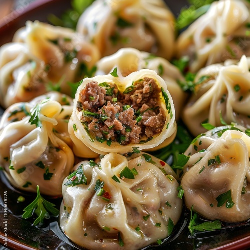 Khinkali, Georgian Dumplings also Called Dimsum, Momo, Jiaozi, Dyushbara, Manti with Melted Butter photo