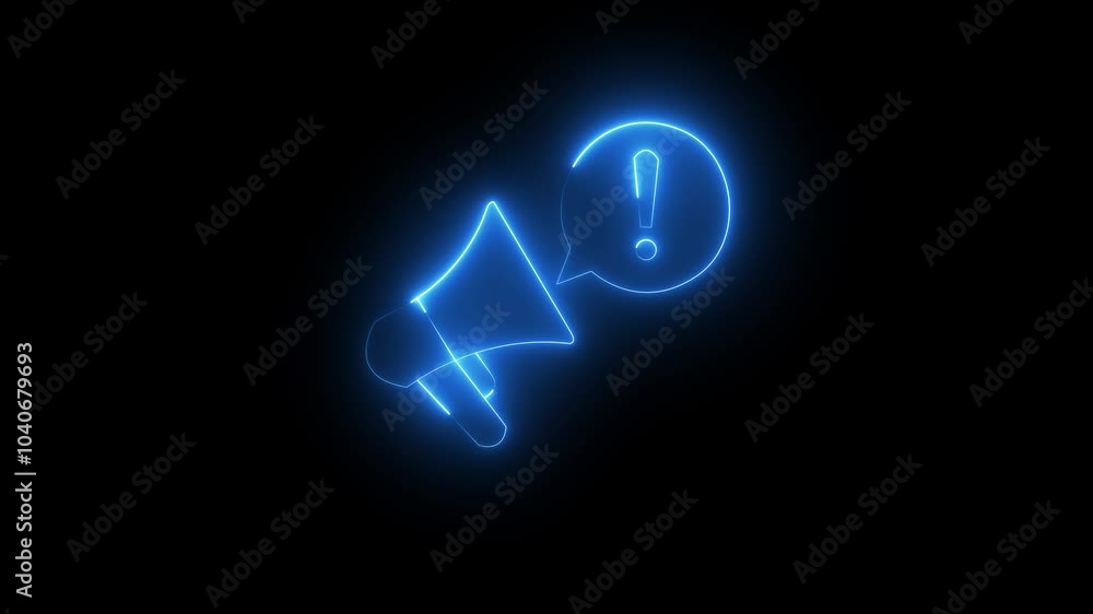 bright blue neon Loudspeaker and speech bubble with exclamation mark. Important announcement, warning. glowing neon linear icon isolated on black background. bright blue neon Loudspeaker and speech bubble with exclamation mark. Important announcement, warning. glowing neon linear icon isolated on black background.