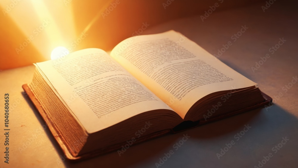 Fototapeta premium A beautifully illuminated book opens wide, revealing pages with wisdom under a radiant sunrise