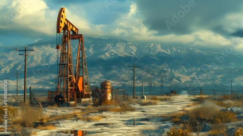 Oil field scene with pump jack and reflection in water