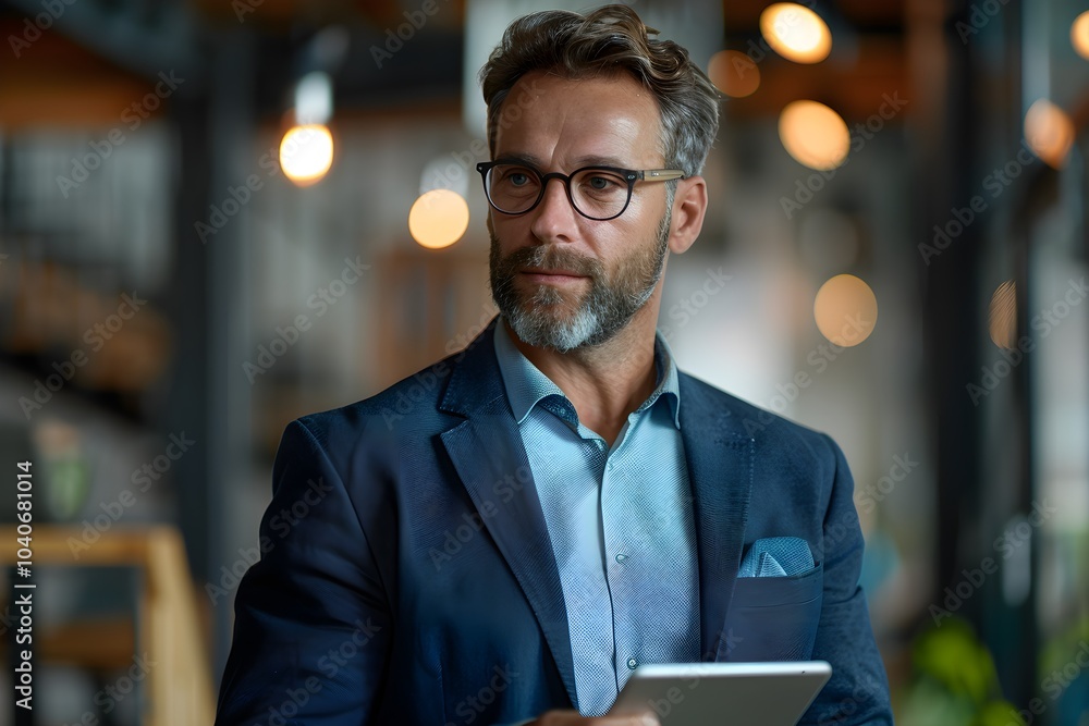 A man in a suit holding a tablet computer A man in a suit holding a tablet computer
