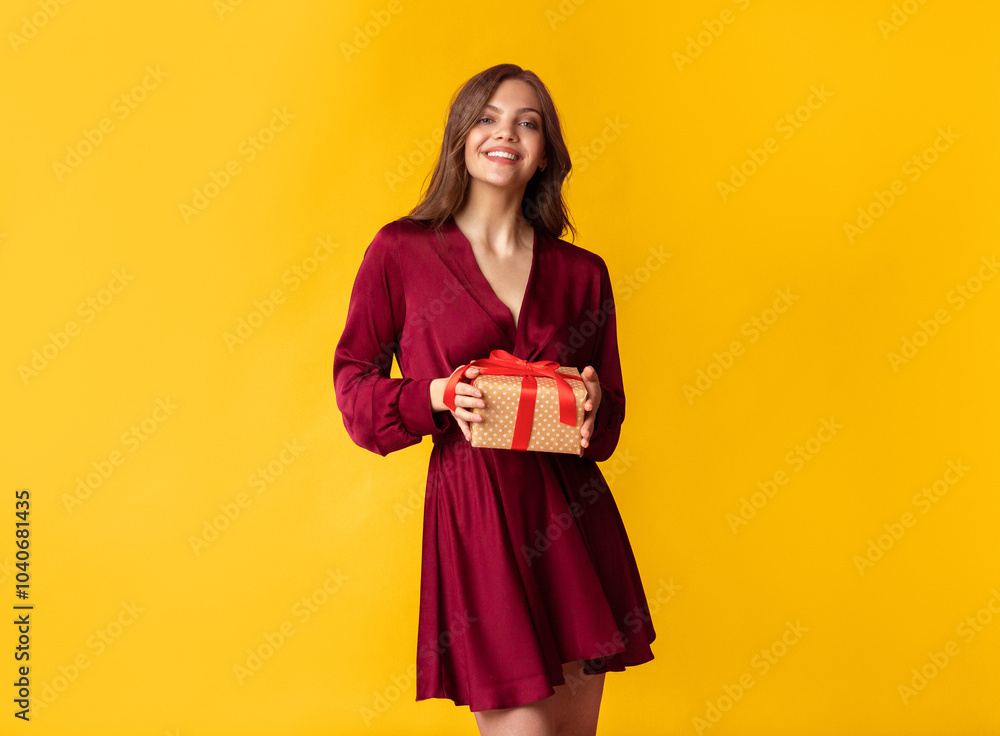 Pleasant Gift. Joyful Young Woman Holding Present Box In Hands And Posing At Camera On Colorful Background In Studio, Empty Space Pleasant Gift. Joyful Young Woman Holding Present Box In Hands And Posing At Camera On Colorful Background In Studio, Empty Space