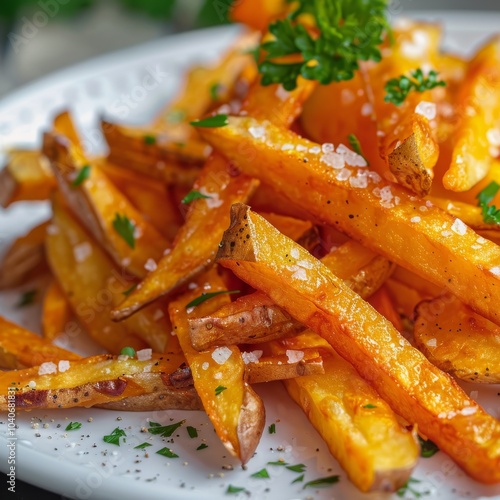 Fries or French Fries with Tomato Sauce, Sweet Potato Finger Chips, Golden French-Fried Potatoes