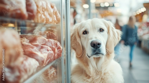 An engaging Golden Retriever in front of a meat counter display case, creating a charming and lively scene with a mix of food, pet, and market elements. photo