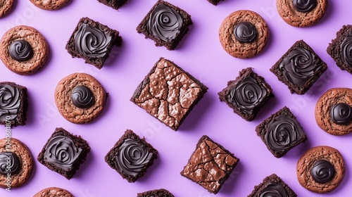 Brownies and Chocolate Chip Cookies on a Purple Background photo