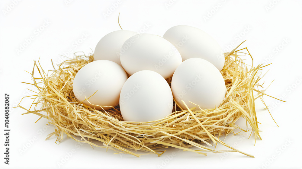 Freshly laid white eggs in the nest isolated. White chicken eggs isolated on white background Freshly laid white eggs in the nest isolated. White chicken eggs isolated on white background