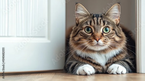 An adorable cat with an attentive expression sits nestled in a doorway, exuding warmth and charm, symbolizing companionship, attentiveness, and home comfort.