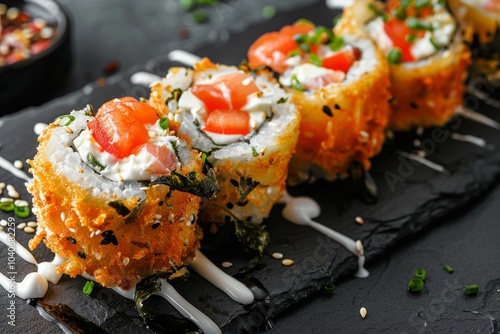 Crispy Ebi Tempura Maki Sushi Rolls, Deep Fried Uramaki Roll Set with Cream Cheese, King Prawns photo