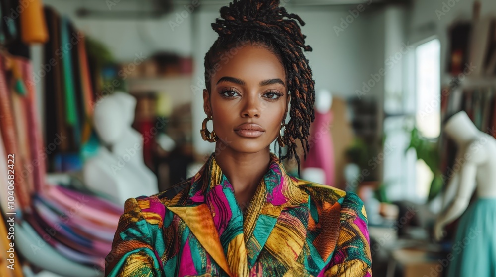 A stylish woman wearing a colorful, bold patterned outfit stands confidently in a fashion studio, representing contemporary fashion and artistic expression. A stylish woman wearing a colorful, bold patterned outfit stands confidently in a fashion studio, representing contemporary fashion and artistic expression.